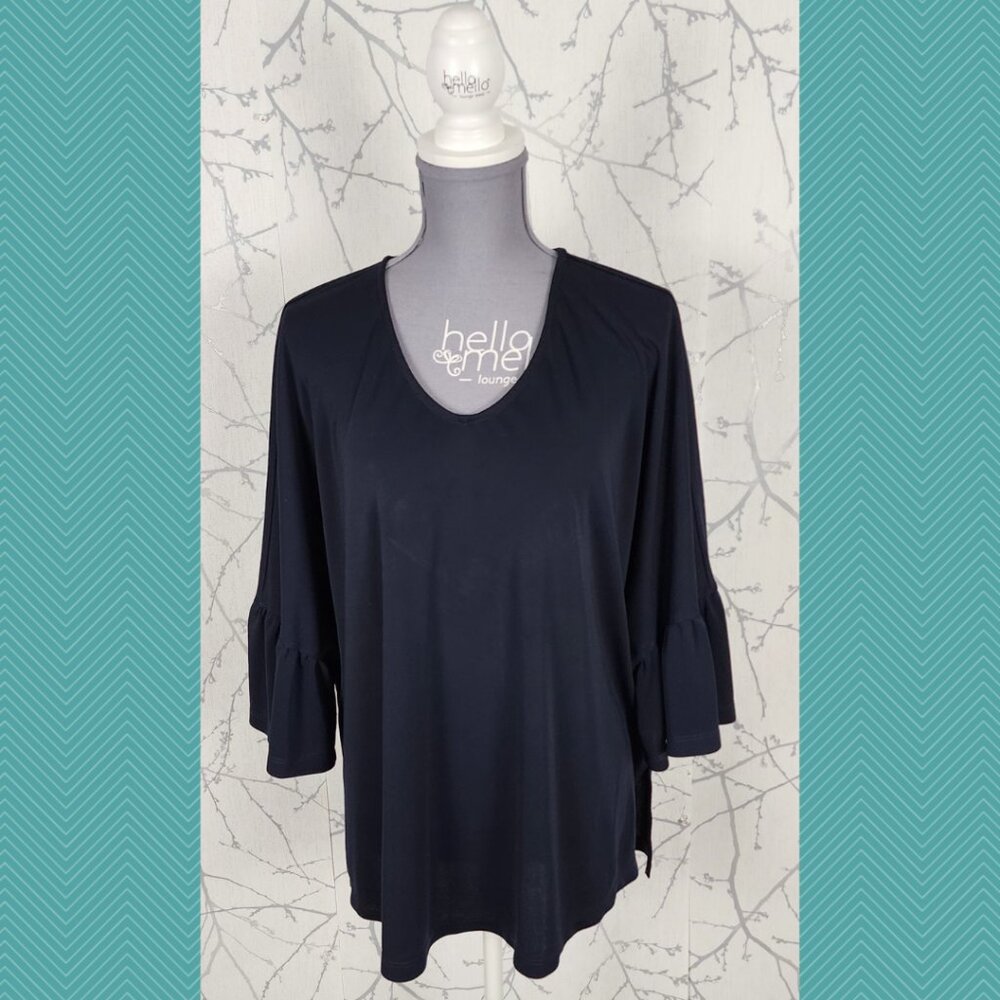 Bylyse Navy Stretch Knit Flutter Bell Sleeve Round Neck Top